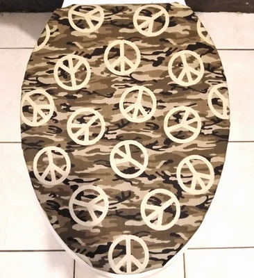 Green Peace Sign Camo Hippie Camouflage Military ELONGATED Toilet Seat Lid Cover - Image 1 of 3