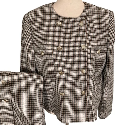 Ann Taylor 裙装女式 14 黑色棕色千鸟格格子双排扣 — 第 1/4 张图片