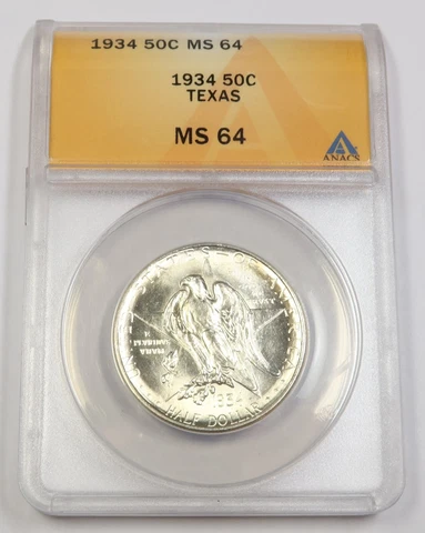 1934 P ANACS MS64 | TEXAS Silver Commemorative Half Dollar - 50c US Coin #42392A Cover