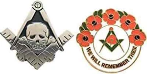 Masonic Mortality Skull & Crossbones And Masonic We Will Remember Enamel Badge - Picture 1 of 5
