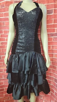 Vintage 80's ILGWU ZUM ZUM Black Velvet/Satin Sequin Halter Party Dress 9/10 #11 - Image 1 of 4