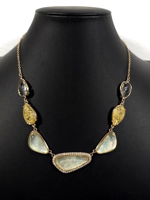 Collar Boho Oro Amarillo Tono Cabujón Beige Champagne Distintivo Cristal 21 pulgadas Foto 1 de 4