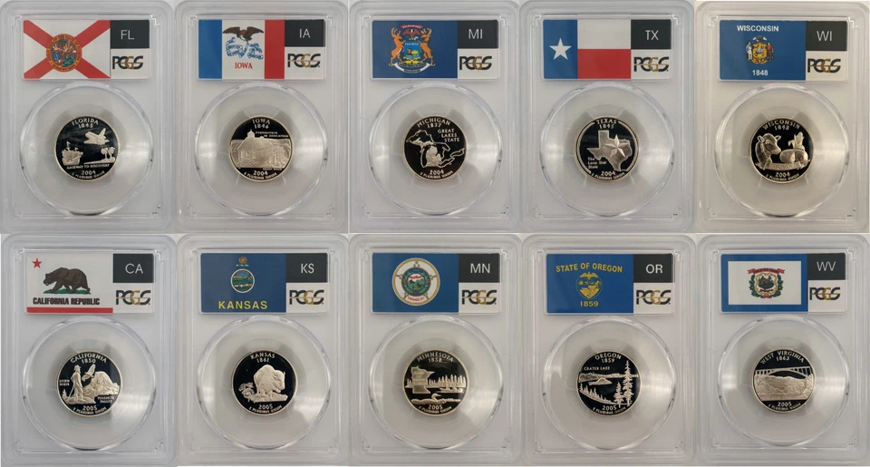 2004 & 2005 S State Proof SILVER PCGS 69 DCAM Ten Coin Quarter Set - Image 1 of 2