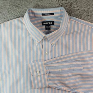 Lands' End Dress Shirt Men 17.5 34 Button Up Long Sleeve Blue Orange Striped - Picture 1 of 10