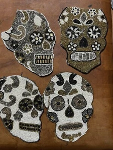 Nicole Miller Beaded Sugar Skull Table Pieces Halloween Day of Dead Gold Silver - Picture 1 of 12