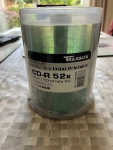 100 Traxdata Inkjet Printable Silver CD-R 52x 700MB 80 min Ritek Blank CD Discs - Photo 1/4