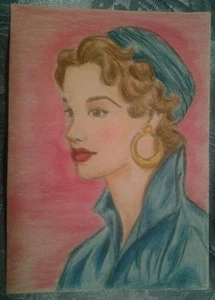 WENDY SCOPA.ORIG.COLORED PENCIL.ACEO.SIGNED-2.5"x3.5"Lady High Fashion 50's Look - Picture 1 of 1