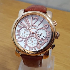 Mens Brown Leather XXL Rose Gold Retro Pop-Art Chrono Pocket Watch PK3020 NEW - Picture 1 of 10