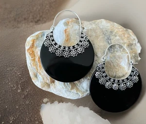 Black onyx Handcrafted Gemstone earrings - 925 Silver Plated- New - Picture 1 of 3
