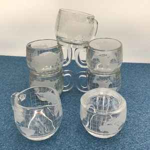 1970's Nestle Nescafe' World Globe Glass Creamer & Sugar w/ Lid & 5 Cup/Mugs - Picture 1 of 6