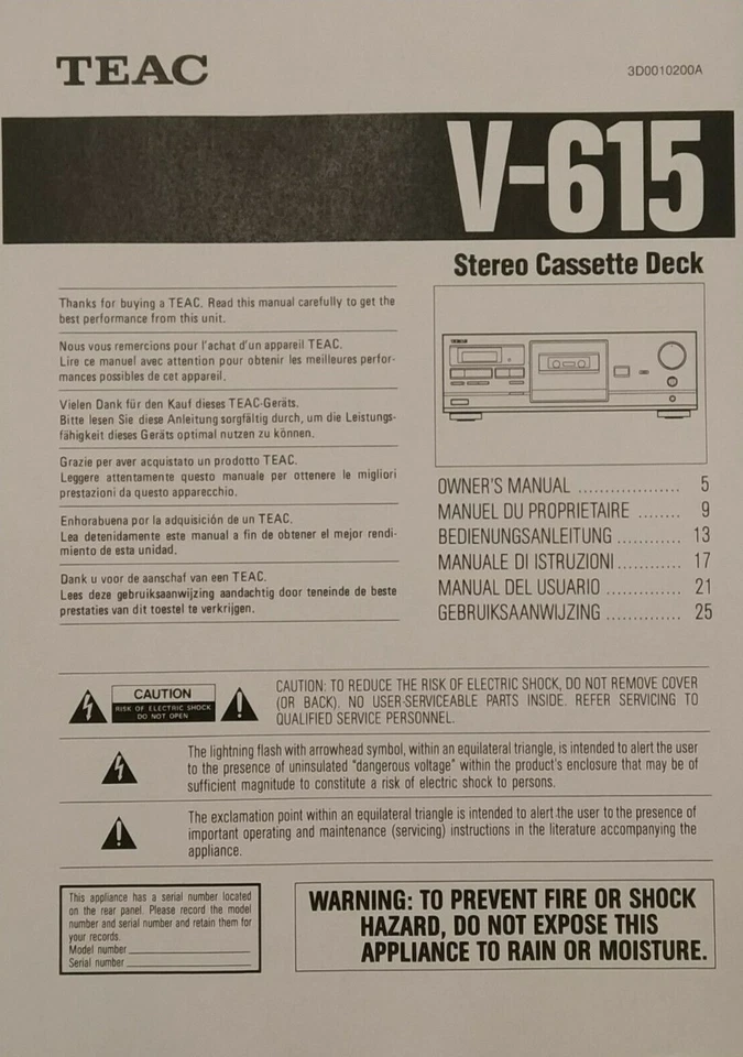 Teac V-615 Kassettenspieler - Bedienungsanleitung - BENUTZERHANDBUCH