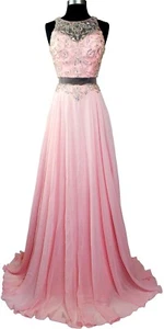 SHEER Embroidery Mock Two Piece Rhinestones Beaded Long Evening Gown prom dress - Picture 1 of 4