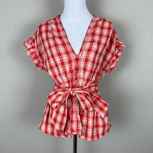 Max Studio Blouse Top Women Medium Red Plaid Ruffle Short Sleeve Smocked Tie New - Picture 1 of 19