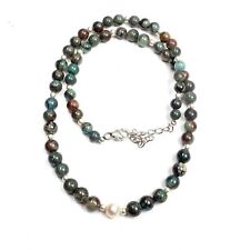 Natural Chrysocolla & Pearl Beaded Necklace 16 Inches 925 Silver Lock 6 MM