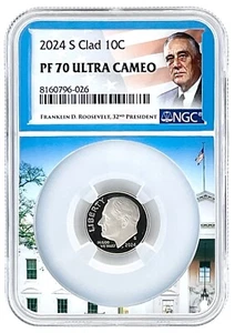 Moneda de diez centavos Roosevelt revestida S 2024 NGC PF70 ultra camafeo - núcleo de la Casa Blanca - Imagen 1 de 2