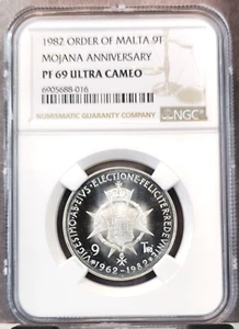 1982 ORDER OF MALTA SILVER 9 TARI MOJANA ANNIV NGC PF 69 ULTRA CAMEO TOP POP 1 - Picture 1 of 3