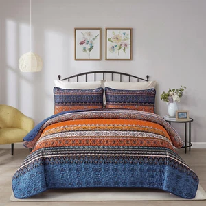 Bohemia Striped Queen King Size Bedspread Set Quilted Coverlet Bed Pillowsham - Picture 1 of 18