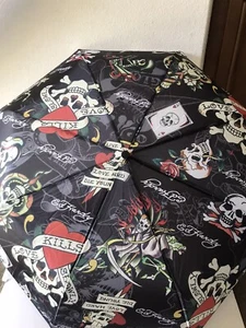 ED HARDY BLACK/MULTICOLOR LOVE KILLS SLOWLY/ MATCHING COVER AUTO OPEN UMBRELLA - Picture 1 of 10