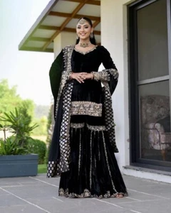 Nuevo Atractivo Terciopelo Viscosa Kurta Palazzo Con Dupatta Para Boda y Fiesta - Imagen 1 de 14