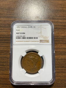 1857-P Small Date N-4 Braided Hair Large Cent 1C NGC AU 53 Brown (BN)