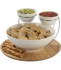 CreativeWare Wine & Dine Ceramic Serving Set w/Bamboo Tray (Cocktail Party) - Picture 1 of 6