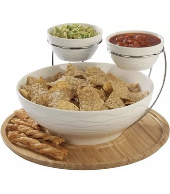 CreativeWare Wine & Dine Ceramic Serving Set w/Bamboo Tray (Cocktail Party) - Image 1 of 4