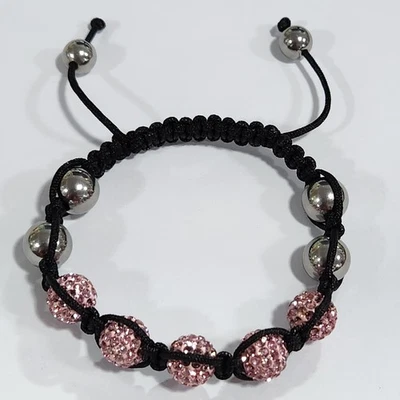HSN Pink Round Crystals & White Beads Black Leather Bracelet - Image 1 of 4