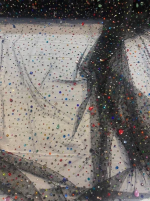 Beaded Multicolor Rhinestone Bridal on black mesh fabric, 54 inches wide - Image 1 of 2