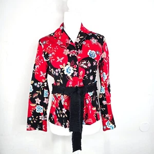 Anne Carson Jacket Blazer Size M Asian Japanese Belted Red Floral Button Up - Picture 1 of 8