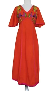 Vintage 60s Gonzalo Bauer Girasol Mexican Maxi Dress Orange Embroidered Cotton - Picture 1 of 8