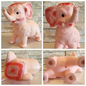 Vintage 1961 Sun Rubber Swivel Head Squeaky 9 inch Pink Circus Elephant CLEAN!