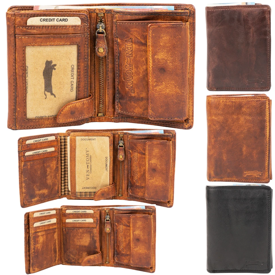 VEN TOMY Waschleder Geldbörse Geldbeutel Portemonnaie Vintage Used Look Echt Leder Herren