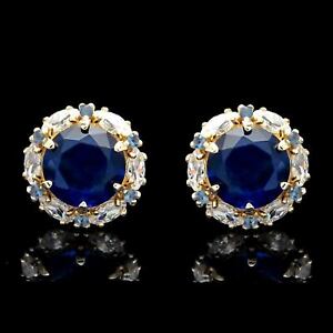 2CT Blue Sapphire Halo Marquise Simulated Diamond Stud Earrings 14k Yellow Gold