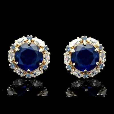 2CT Blue Sapphire Halo Marquise Simulated Diamond Stud Earrings 14k Yellow Gold - Image 1 of 4