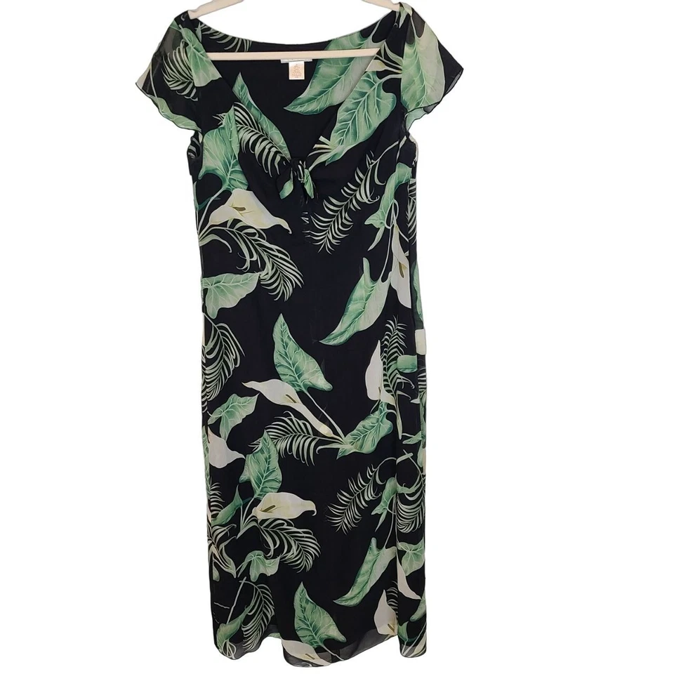 Tommy Bahama Womens 10 Black Green Tropical Leaf Short Sleeves Silk Maxi Dress - Image 1 of 4