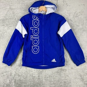 Adidas Youth Windbreaker Zipup Small (8) Blue And White Hooded Mesh Lined - Picture 1 of 6