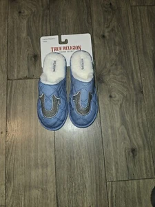 True Religion Rhinestone Horseshoe Logo Slip-On Denim Slippers - Picture 1 of 4