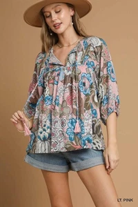 Umgee Women's Boho Floral Tassel Tie Neck 3/4 Sleeve Top in Pink/Blue - Picture 1 of 5