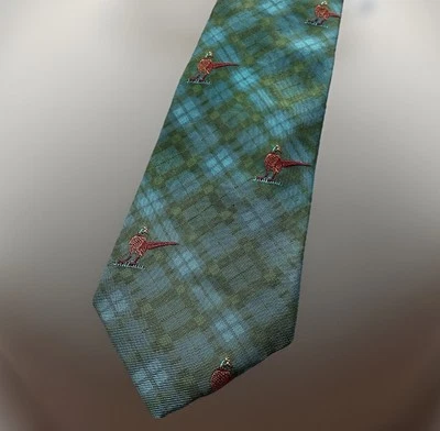 NWT T. HARRIS LONDON 100% Silk Teal Green Plaid Men's Neck Tie w/ Pheasant Bird - Image 1 of 4