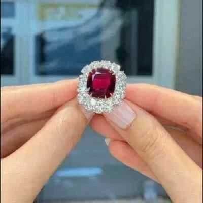 Pink Ruby 3Ct Cushion Cut Lab Created Engagement Halo Ring 14K White Gold Plated - Image 1 of 4