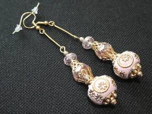 Vintage Look Dangly Indonesian Ceramic Glass Crystal Earrings + Free Secret Pair - Picture 1 of 7