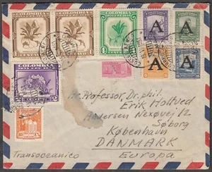 Capa de correio aéreo 1951 Colômbia à Dinamarca, com valores de 10 Selos Flora & - Picture 1 of 2