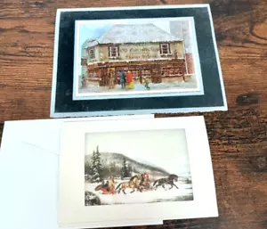 Biglietti di auguri slitta neve invernale fattoria natale inutilizzati vintage seta metallizzata - Foto 1 di 3
