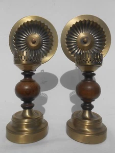 Vintage Paar Messing & Holzknopf Mantel Wandleuchter Kerzenlaternenhalter 13" Kabine - Bild 1 von 11