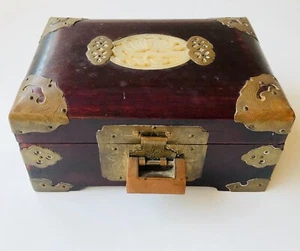 Vintage Chinese Rosewood Jewellery Box Jade Inlay Brass Bats Lotus - Picture 1 of 5