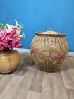 Vintage Wicker Laundry Basket Ali Baba With Woven Grass Floral Design.