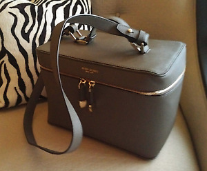 Henri Bendel saffiano leather bag purse vanity case travel makeup olive brown