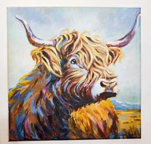 ORIGINAL Oil Painting Highlander Cow Modern Fine Art Impressionism 10" x 10" - Picture 1 of 7
