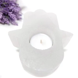 Selenite Hamsa Gypsum Crystal Tea Light Candle Holder Selenite Home Decor Gift - Picture 1 of 7