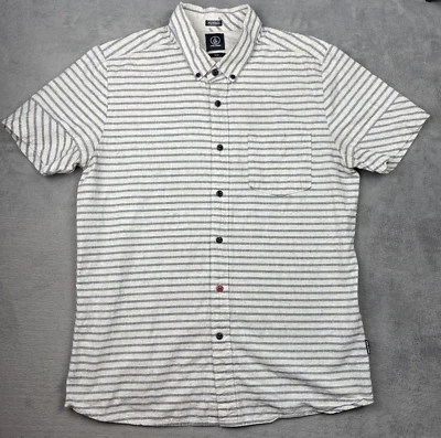Volcom Men’s Modern Fit Button-Up Shirt – Medium Blue Gray Striped Short Sleeve - Image 1 of 4